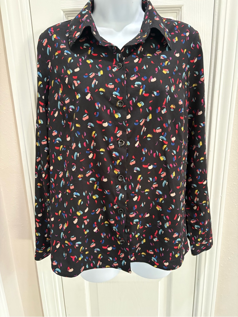 CAbi Black Button-Down Blouse with Multicolor Confetti Print